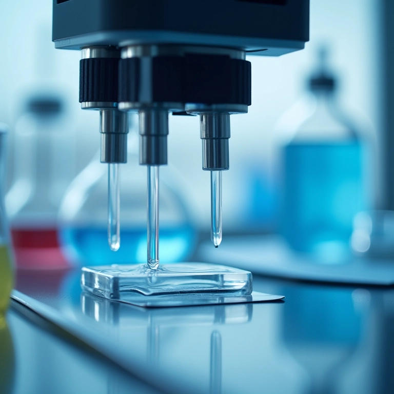 Equipamentos de laboratório medindo ingredientes sintéticos.