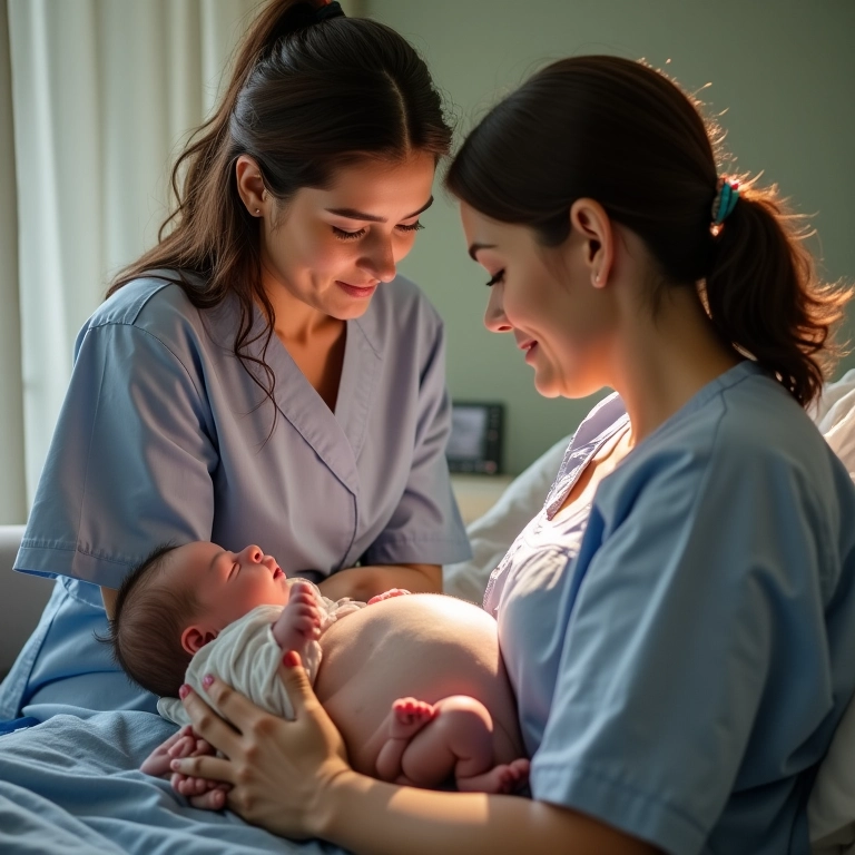 Equipe humanizada apoiando mulher em trabalho de parto.