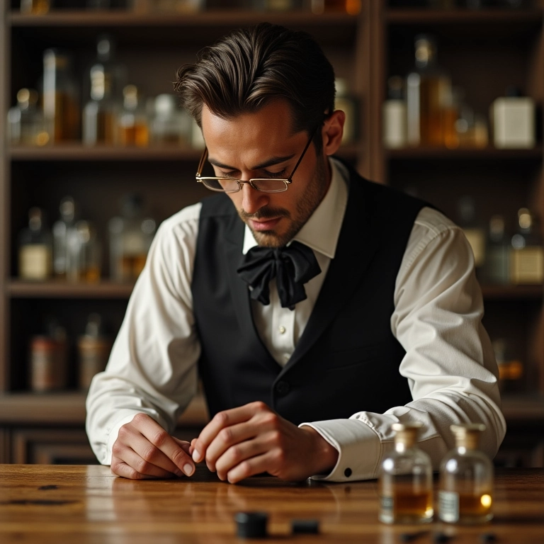 Ernest Beaux trabalhando na criação do Chanel Nº 5 em seu laboratório.