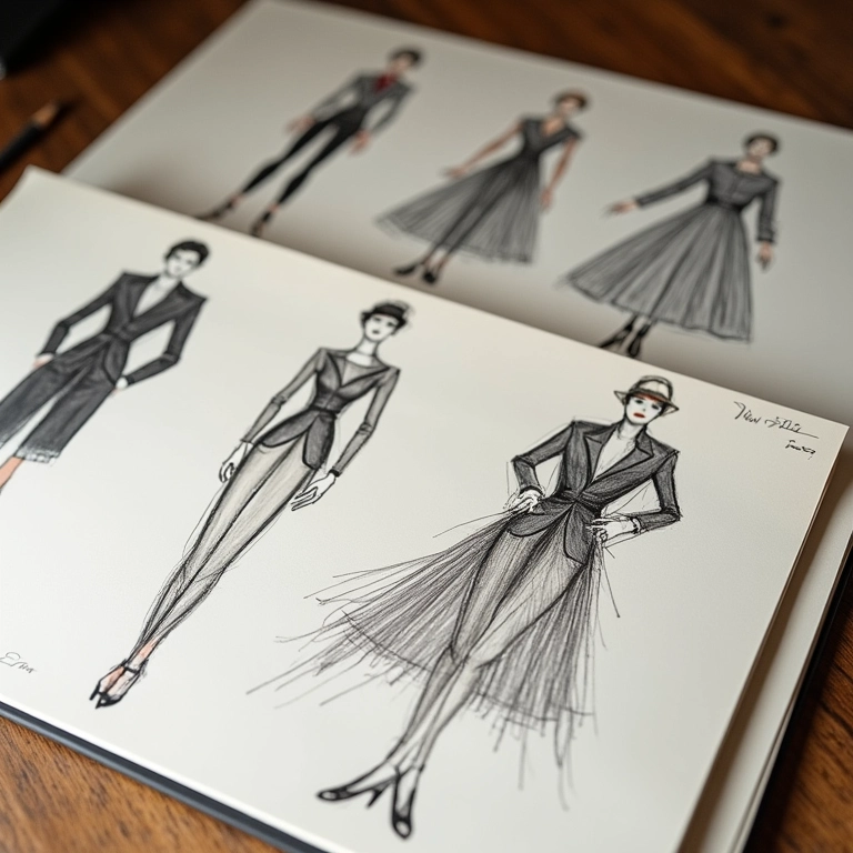 Esboços e designs de Yves Saint Laurent para a Dior, capturados em um ateliê.