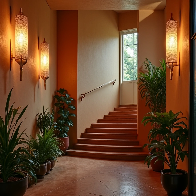 Escada com arandelas charmosas proporcionando iluminação suave e elegante.