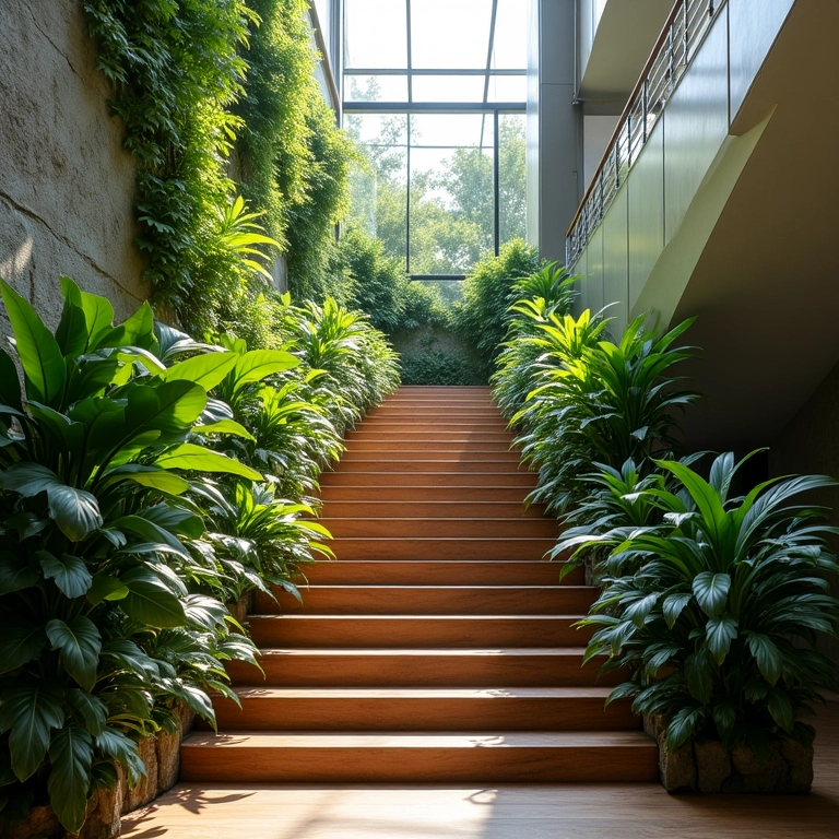 Escada decorada com plantas verdes, trazendo frescor e vida ao ambiente.