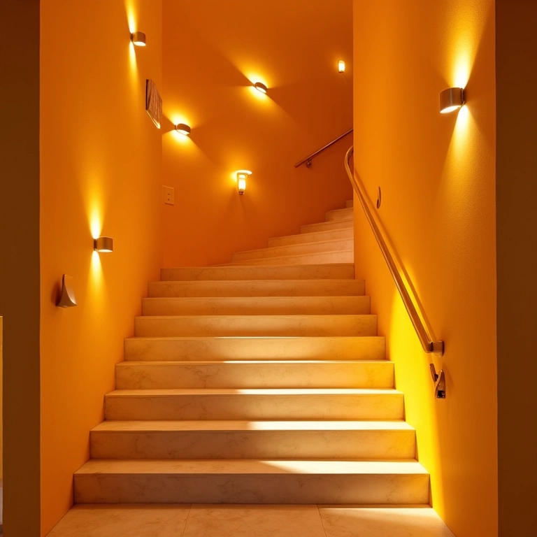 Escada iluminada com diferentes soluções de luz e decoração brasileira vibrante.