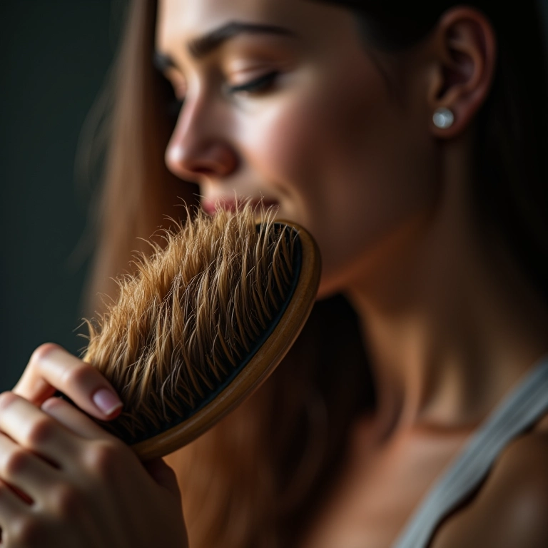 Escova de cabelo cheia de fios após escovação, representando a queda de cabelo.
