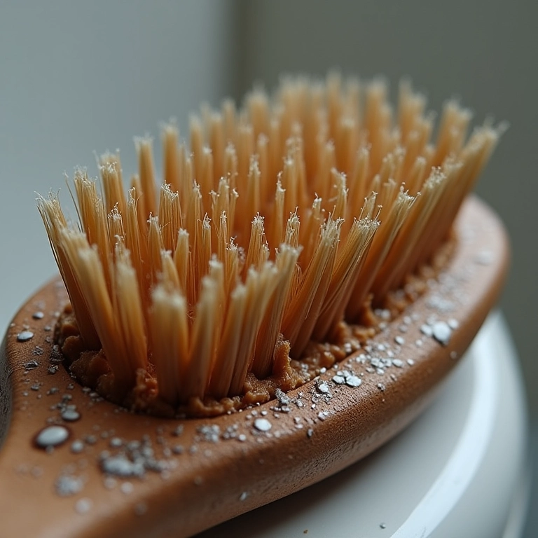 Escova de cabelo com acúmulo de resíduos de produtos.