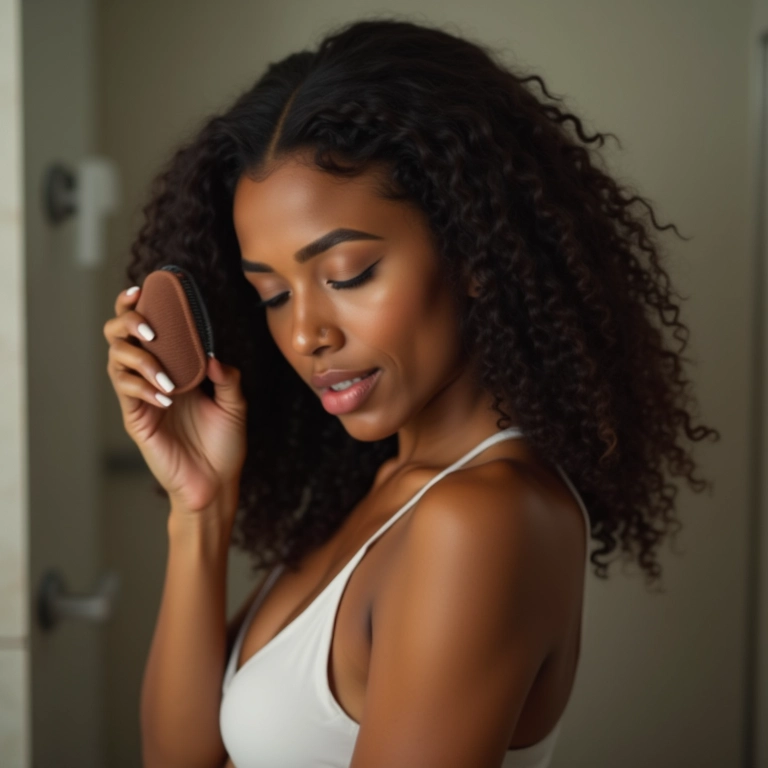 Escovando os cabelos após a aplicação do shampoo a seco.