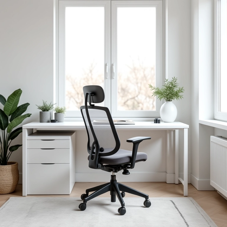 Escritório minimalista funcional com mesa branca, cadeira ergonômica e espaço organizado.