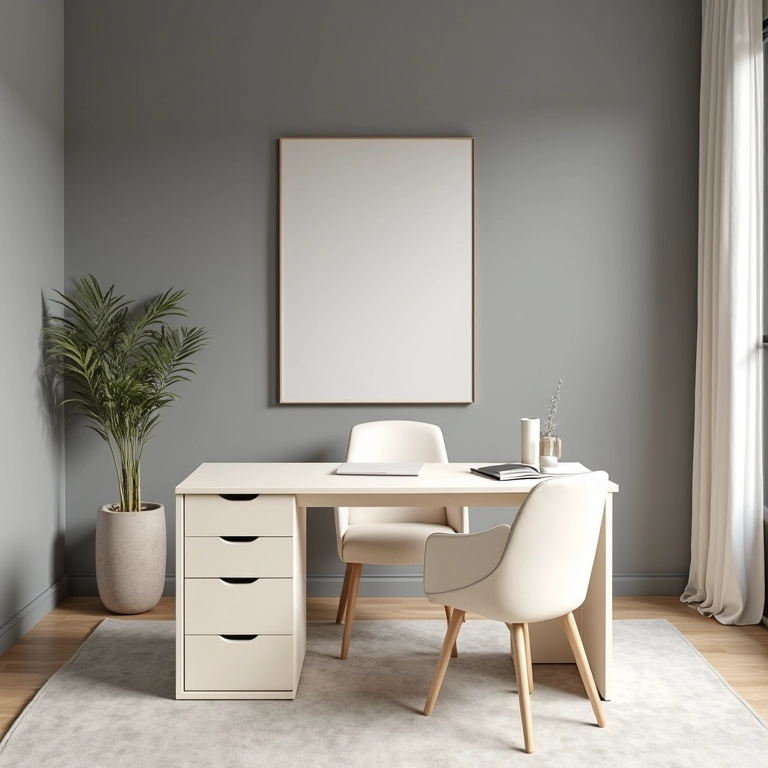Escritório moderno com mesa marfim e paredes cinza, um espaço neutro e elegante.