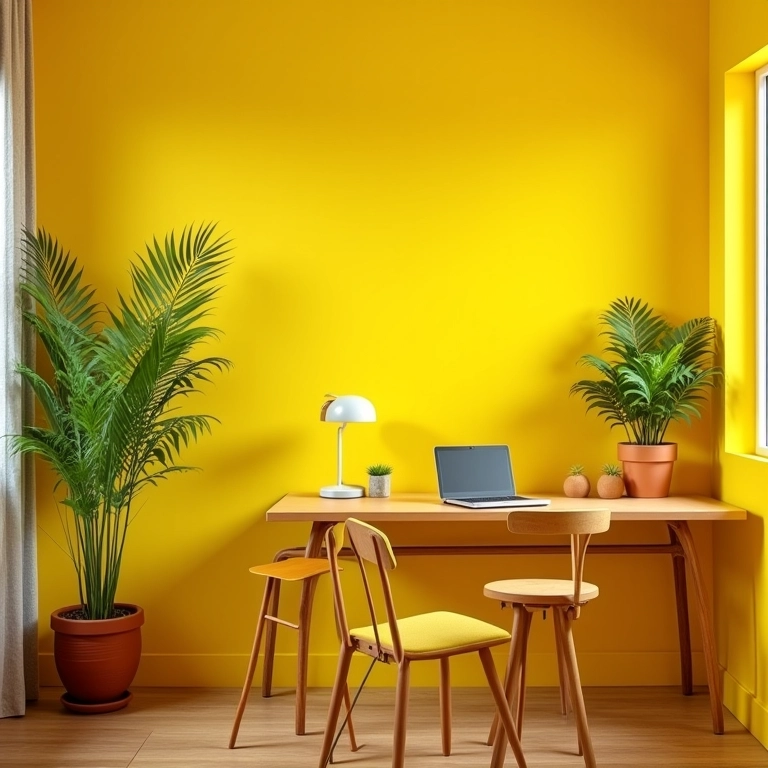Escritório pequeno e amarelo, iluminado e alegre, com mesa de trabalho e plantas.