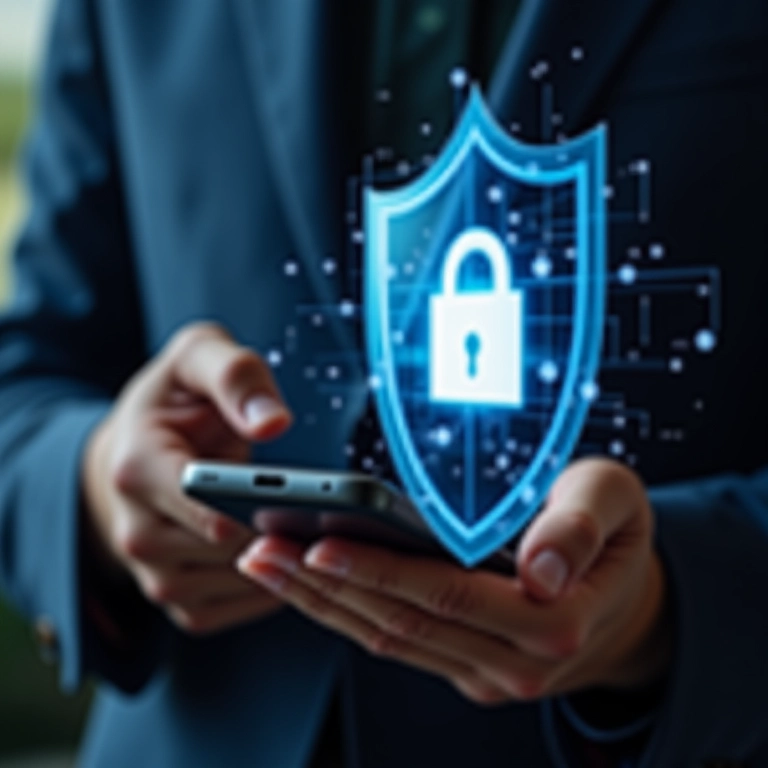Escudo digital protegendo um smartphone durante transação.