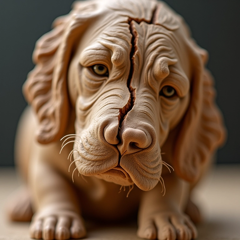 Escultura de biscuit rachada em close-up, detalhando as imperfeições.