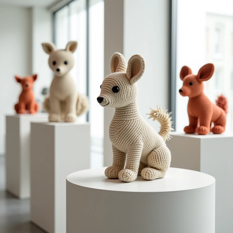 Esculturas complexas de crochê endurecido em formatos de animais e formas abstratas, exibidas em pedestais.