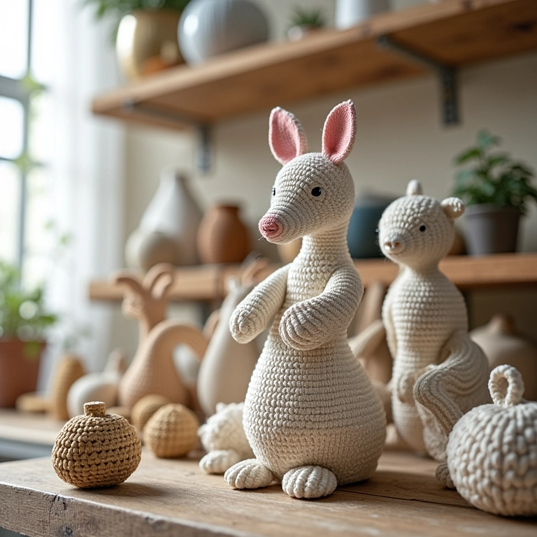 Esculturas e objetos decorativos de crochê endurecido.