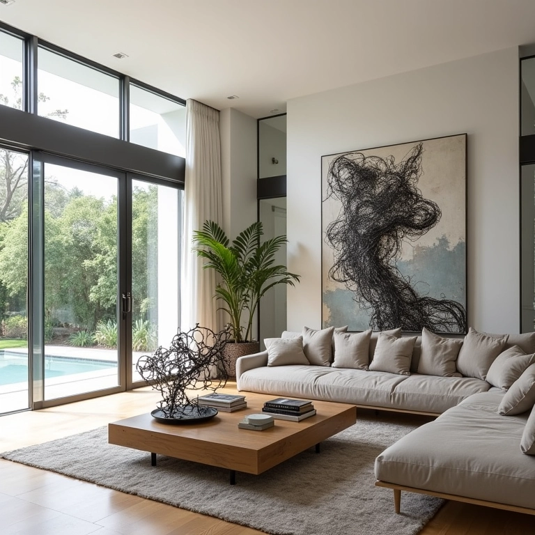 Esculturas feitas com arame e sucata de metal em uma casa brasileira moderna.