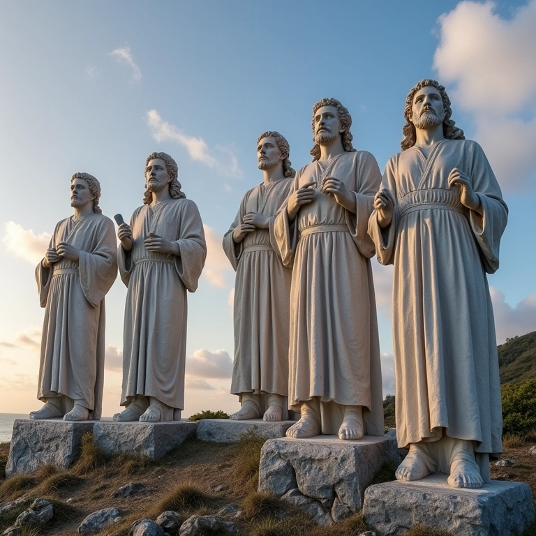 Esculturas icônicas dos profetas no Santuário de Bom Jesus de Matosinhos em Congonhas, contra um céu dramático.