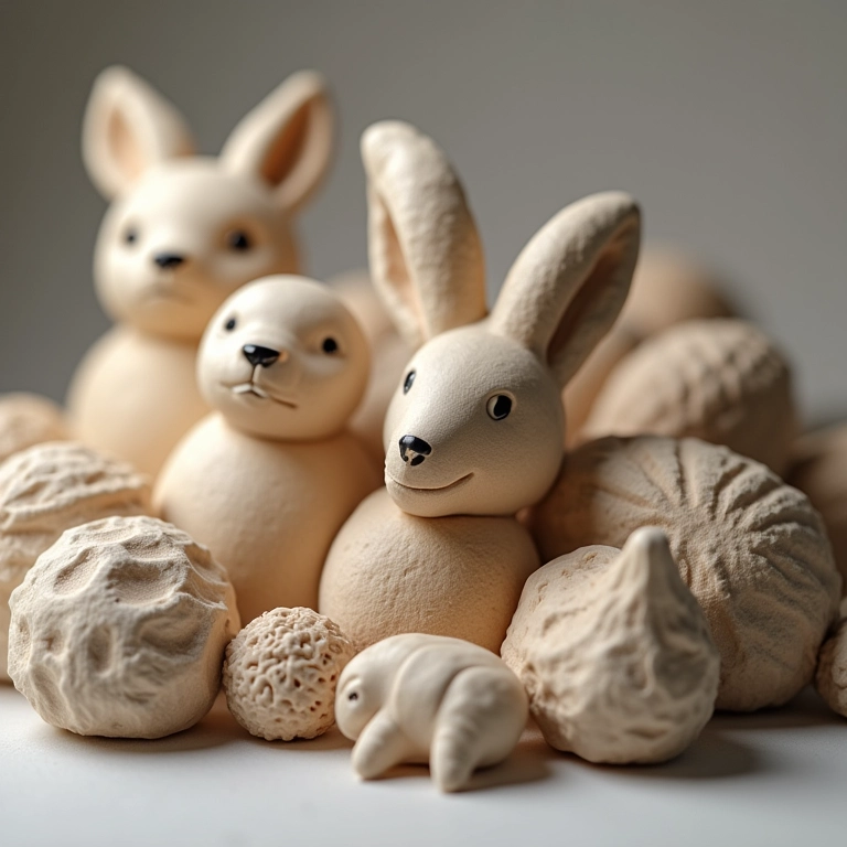 Esculturas táteis em argila com diferentes formas e texturas.