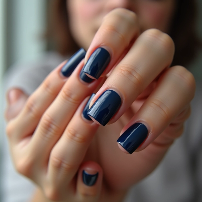 Esmalte azul marinho em unhas curtas: sofisticação discreta.