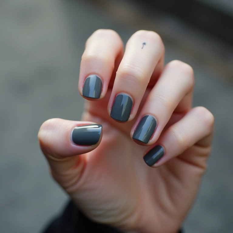 Esmalte cinza moderno em unhas curtas: versatilidade urbana.
