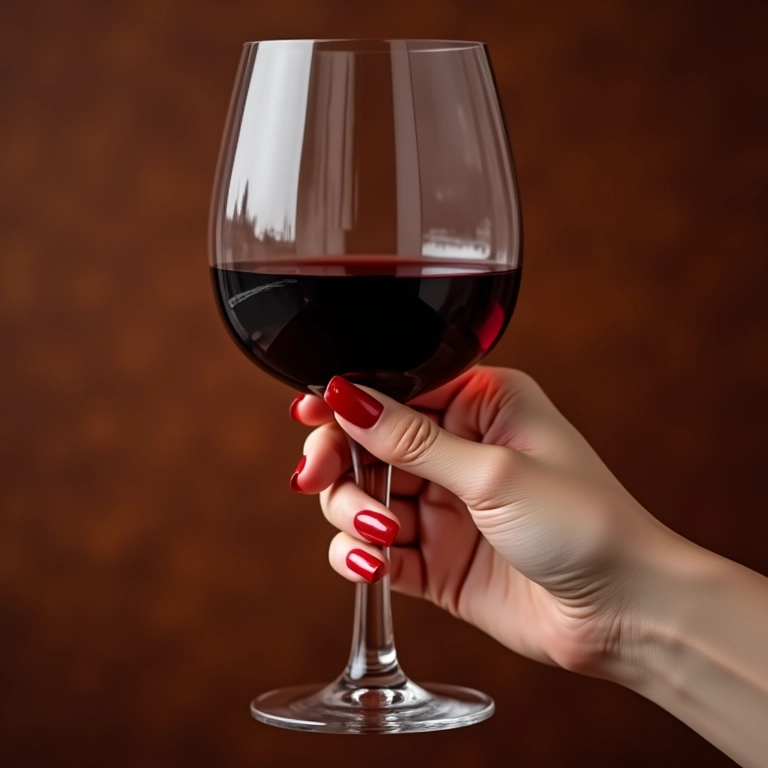 Esmalte Impala Vinho Tinto em unhas femininas, com taça de vinho tinto.