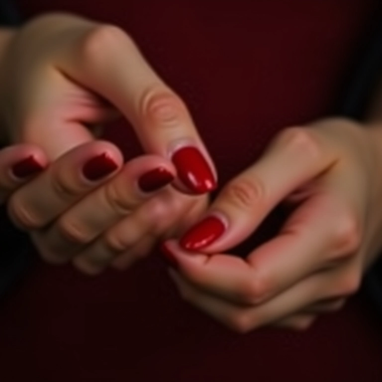 Esmalte vermelho clássico em unhas curtas e elegantes.