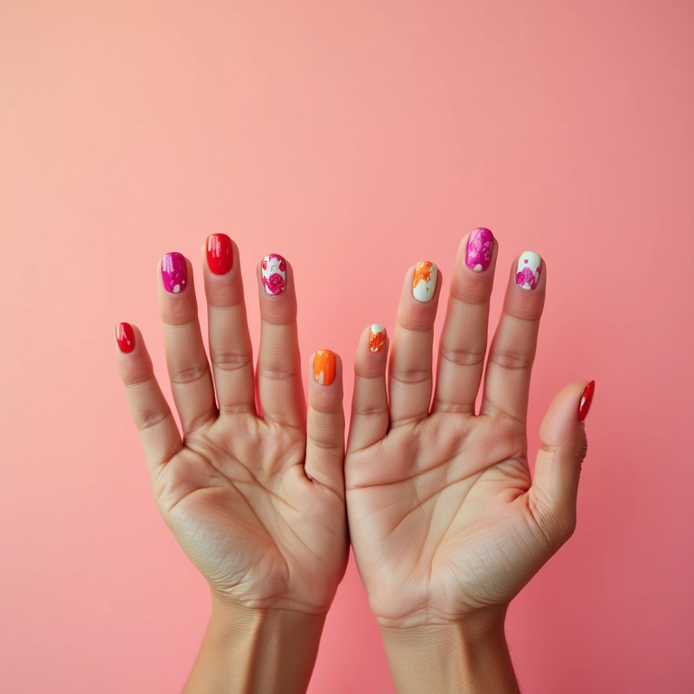 Esmaltes vibrantes e alegres: unhas coloridas com designs divertidos.