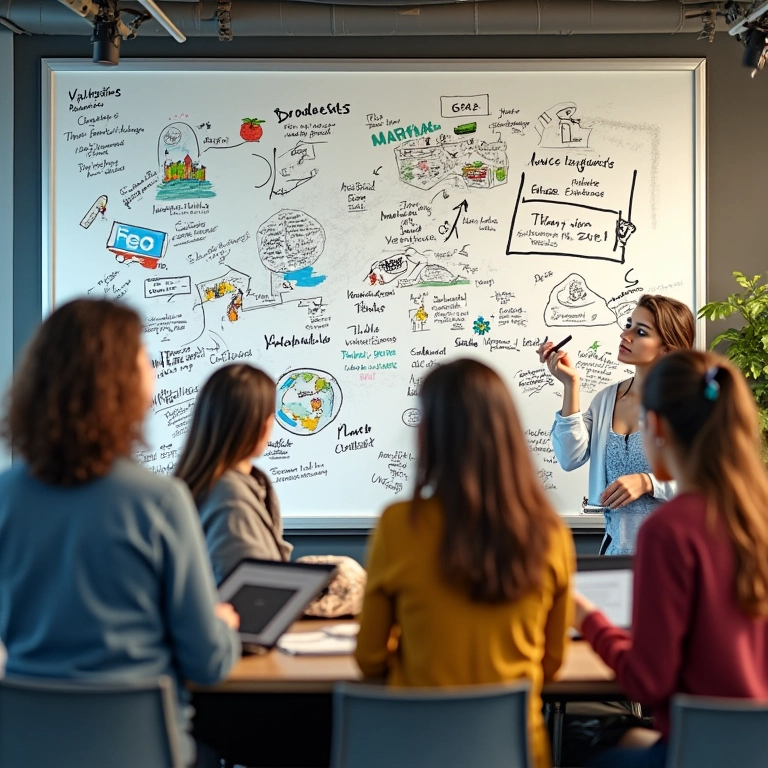 Espaço de trabalho colaborativo com equipe diversa fazendo brainstorming.