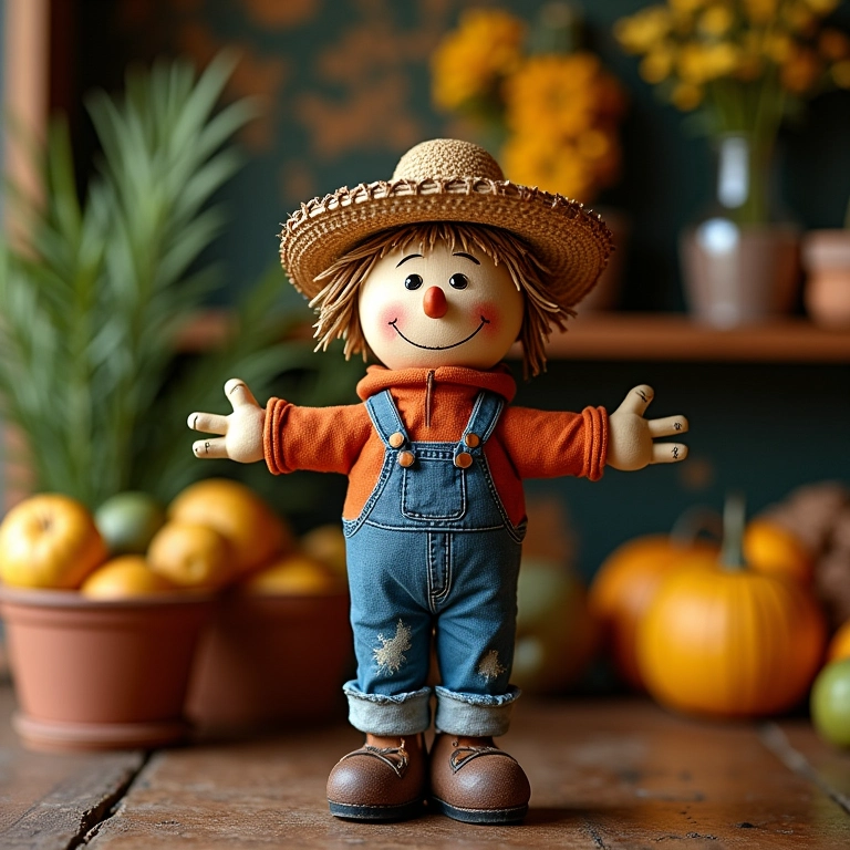 Espantalho decorativo com chapéu de palha em um cenário rústico de festa junina.