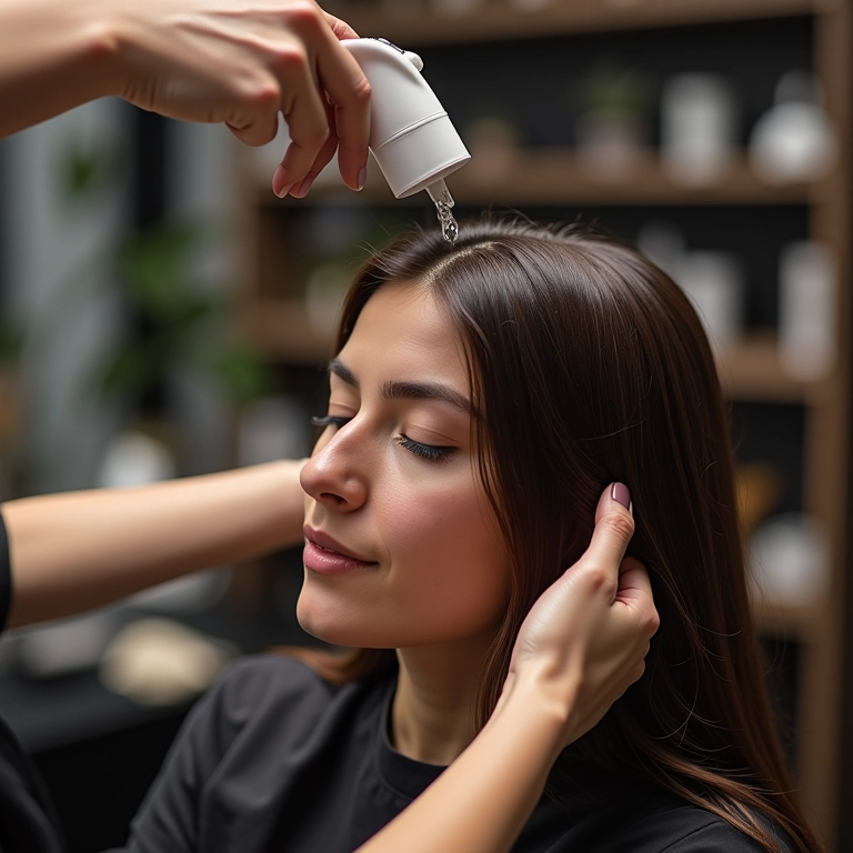 Especialista aplicando queratina líquida para reconstrução capilar.