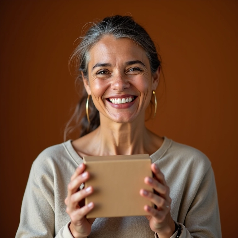 Especialista em cartonagem sorrindo e mostrando caixa artesanal.