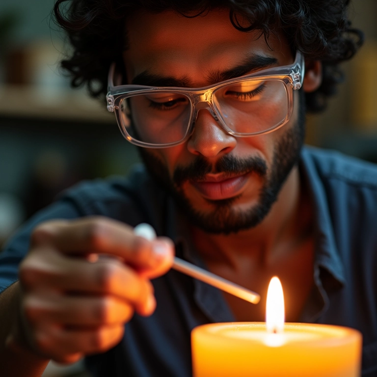 Especialista verificando a temperatura da cera com um termômetro, usando óculos de proteção.