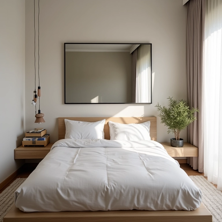 Espelho ampliando espaço em quarto pequeno.