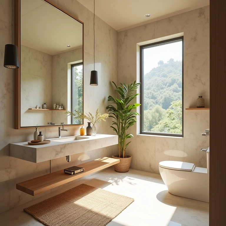 Espelho amplo em lavabo moderno para ampliar o espaço.