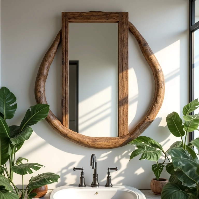 Espelho com moldura de madeira de demolição em banheiro iluminado.