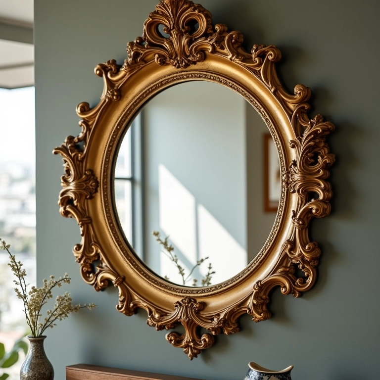 Espelho com moldura dourada valorizando o ambiente em sala de estar decorada.