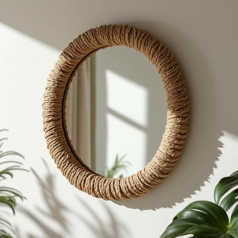 Espelho decorado com corda de sisal pendurado em parede texturizada.