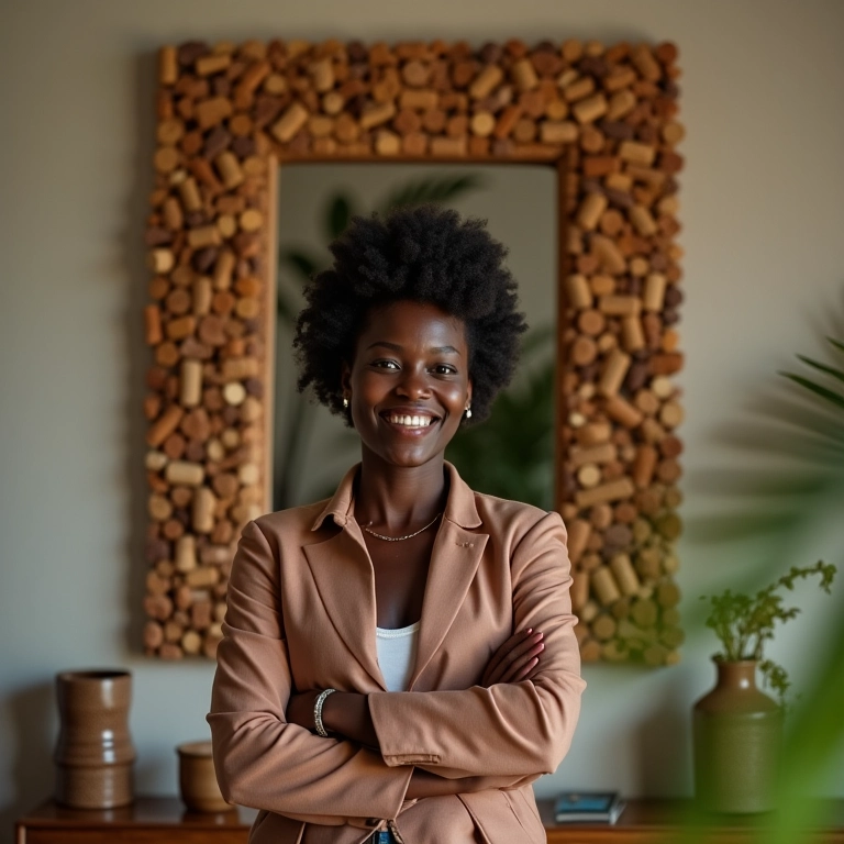 Espelho decorado com rolhas de vinho recicladas, artesã sorrindo.