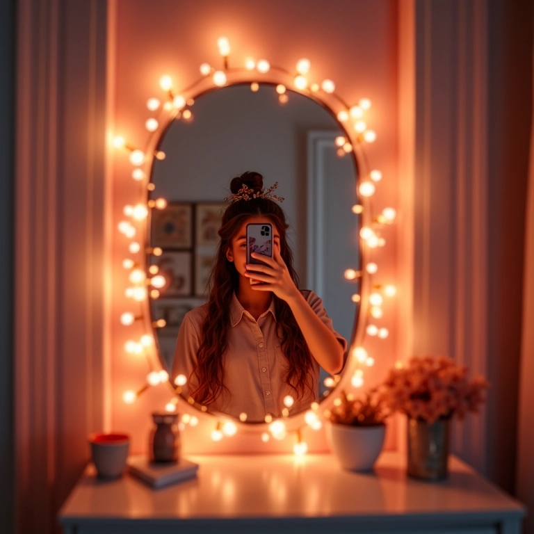 Espelho decorado para fotos e selfies em quarto Tumblr.