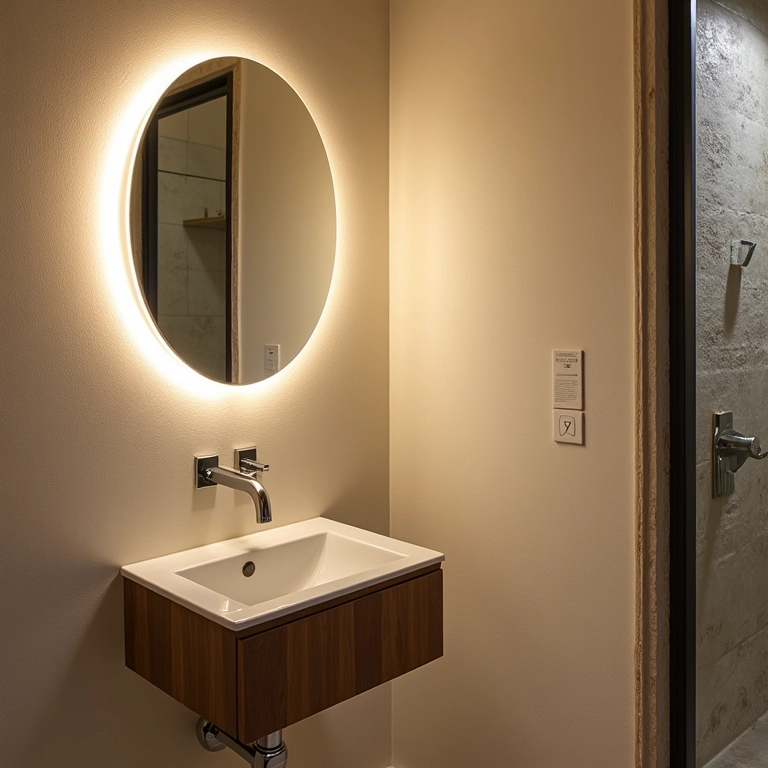 Espelho decorativo ampliando o espaço em um lavabo pequeno.