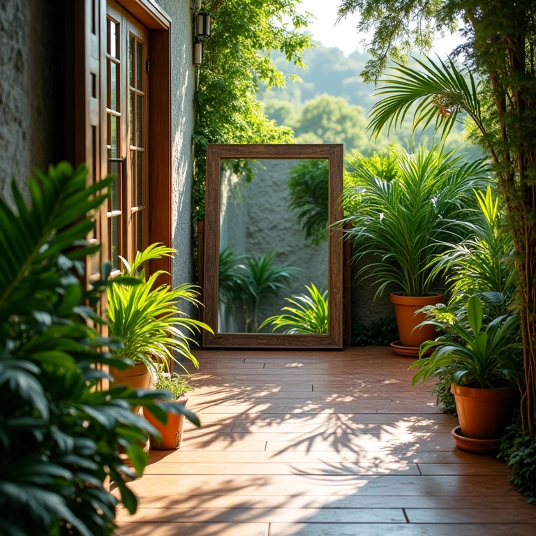 Espelho em ambiente externo refletindo o jardim e ampliando o espaço.