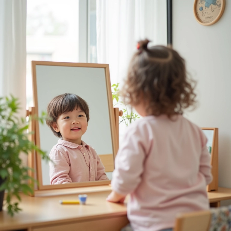 Espelho em quarto montessoriano refletindo a imagem de uma criança.