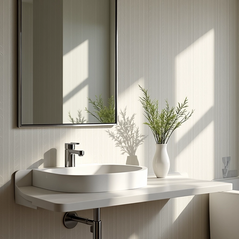 Espelho grande em lavabo pequeno ampliando o espaço e a luz.