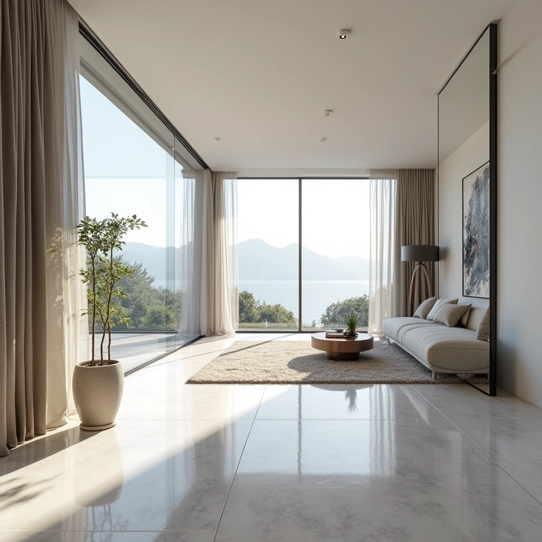 Espelho grande em sala de estar moderna ampliando o espaço.