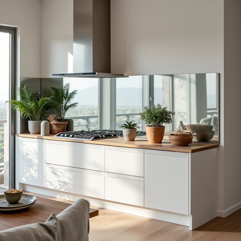 Espelhos ampliando e iluminando cozinha americana com sala.