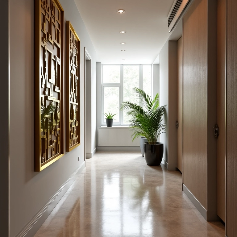 Espelhos ampliando visualmente um corredor estreito.