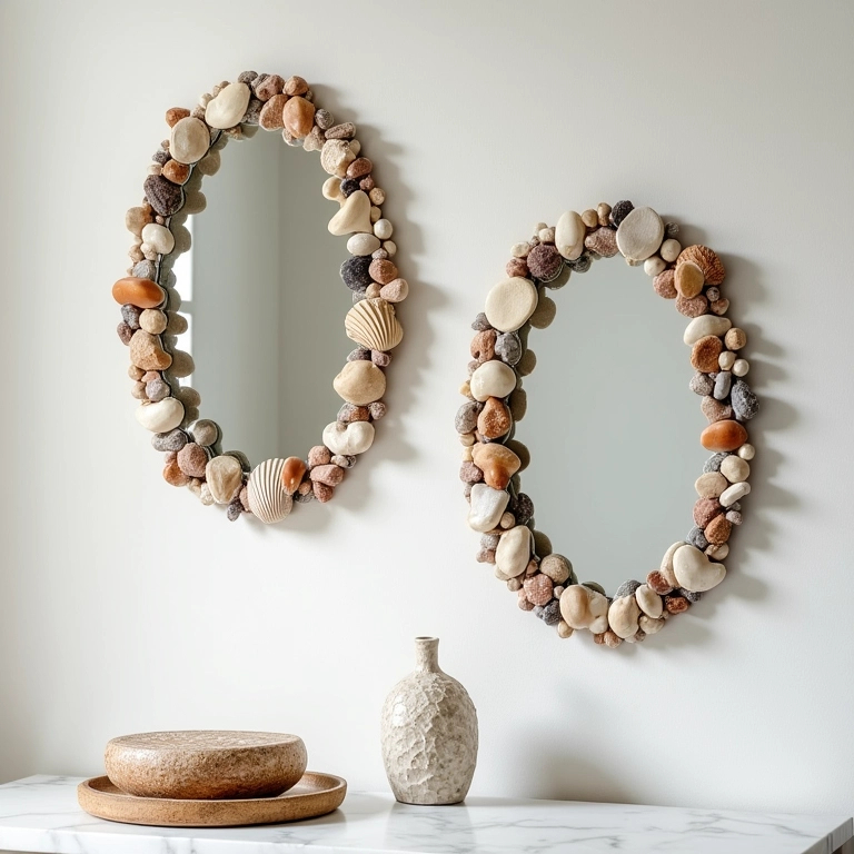 Espelhos decorados com conchas e pedras, estilo praiano.