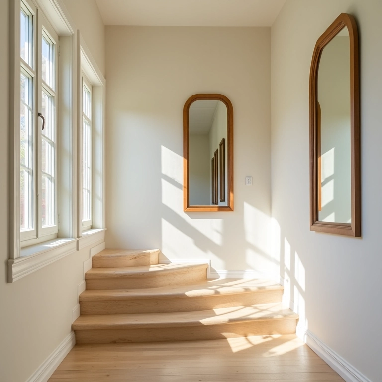 Espelhos estrategicamente posicionados na escada para ampliar o espaço e refletir a luz.