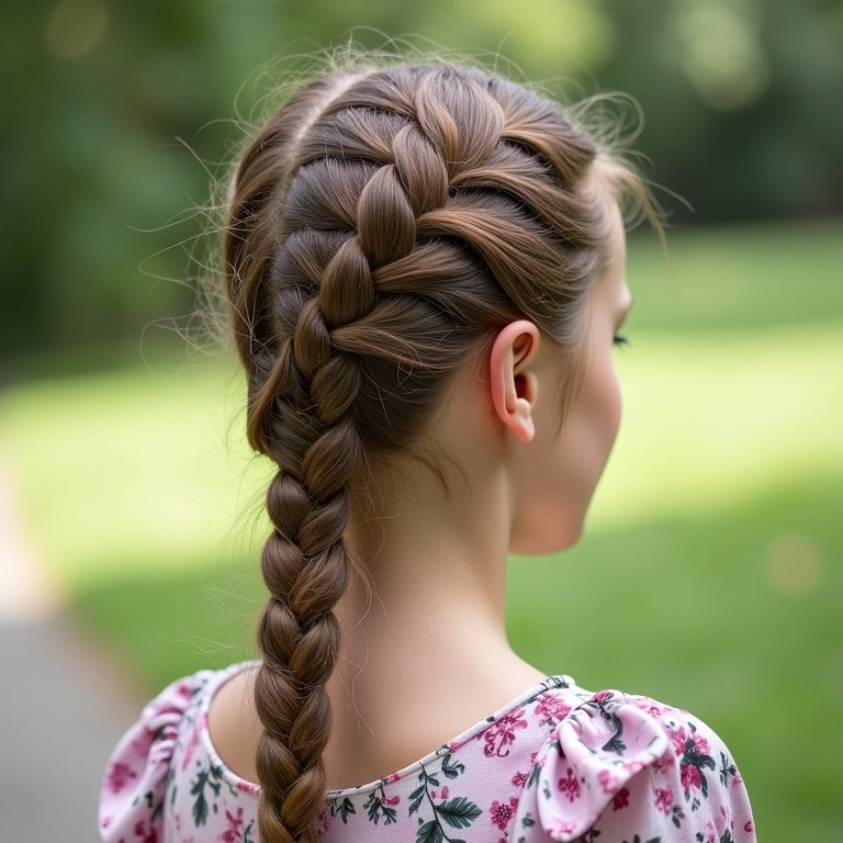 Espinha de peixe lateral em cabelo com mechas e vestido floral.