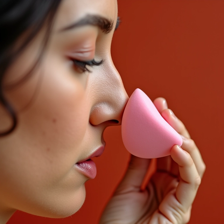 Esponja triangular sendo usada para aplicar maquiagem em áreas pequenas do rosto, como ao redor do nariz.