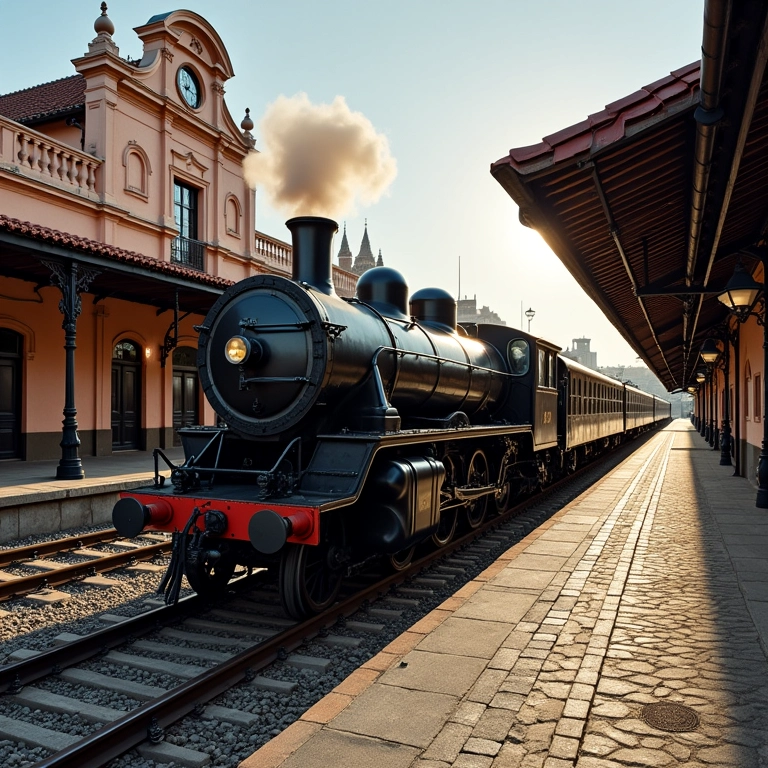 Estação ferroviária histórica em São João del Rei, com um trem vintage chegando, simbolizando tradição e cultura.