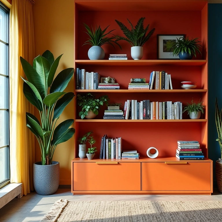 Estante colorida em sala de estar vibrante com design brasileiro.